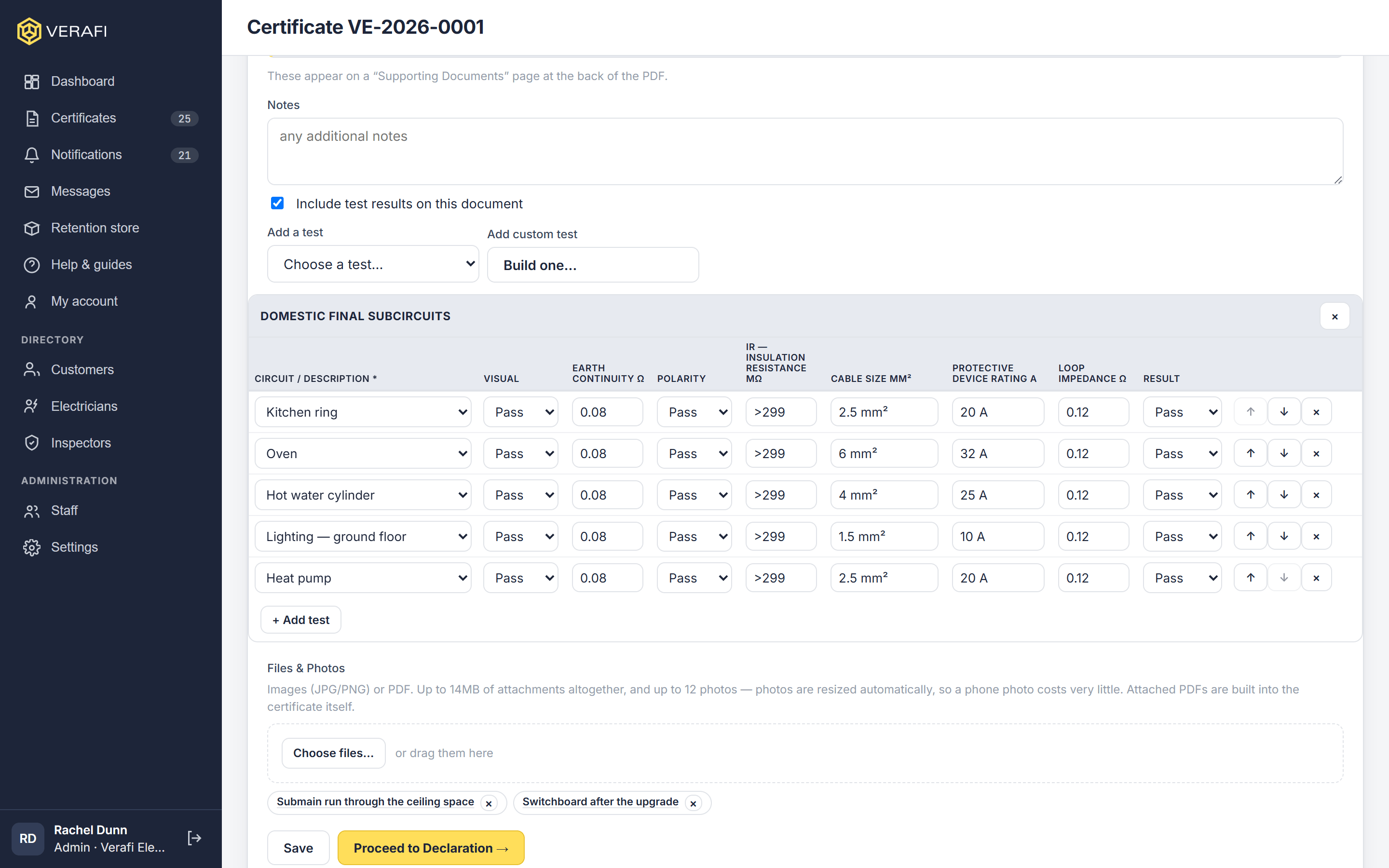 A certificate showing the test picker — a saved set, a template, or a custom group built on the spot.