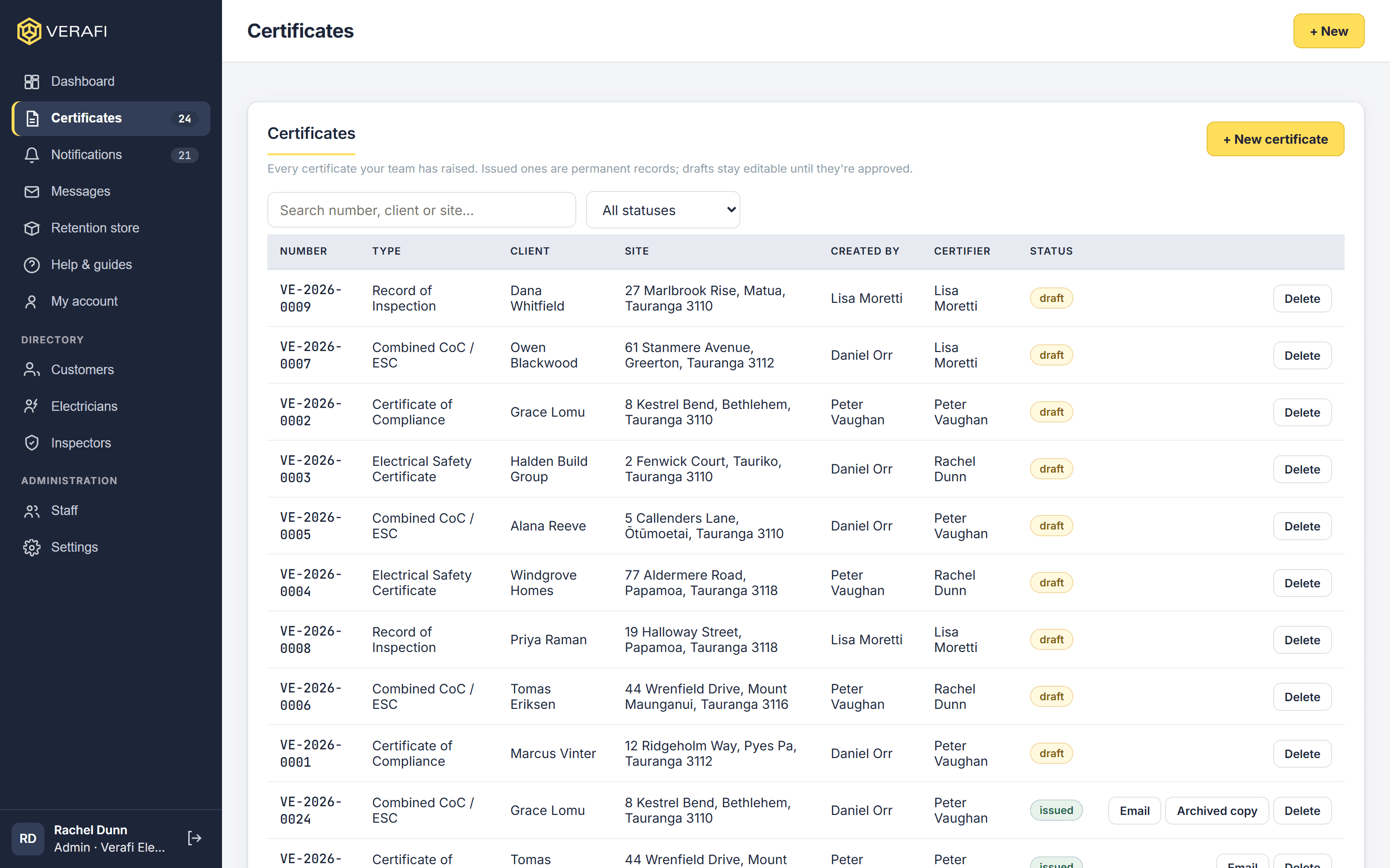 The Verafi certificate list on a laptop, showing every certificate the team has raised with its type and status.