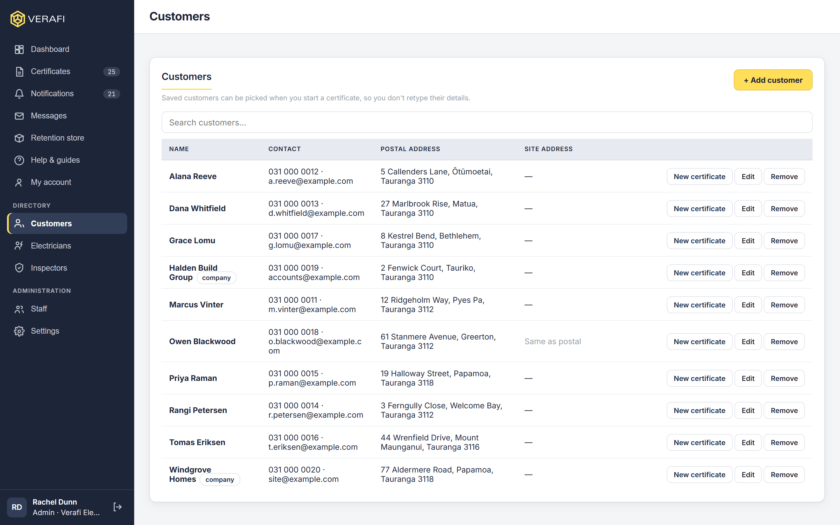 The Customers page in Verafi, listing saved customers with their contact details.