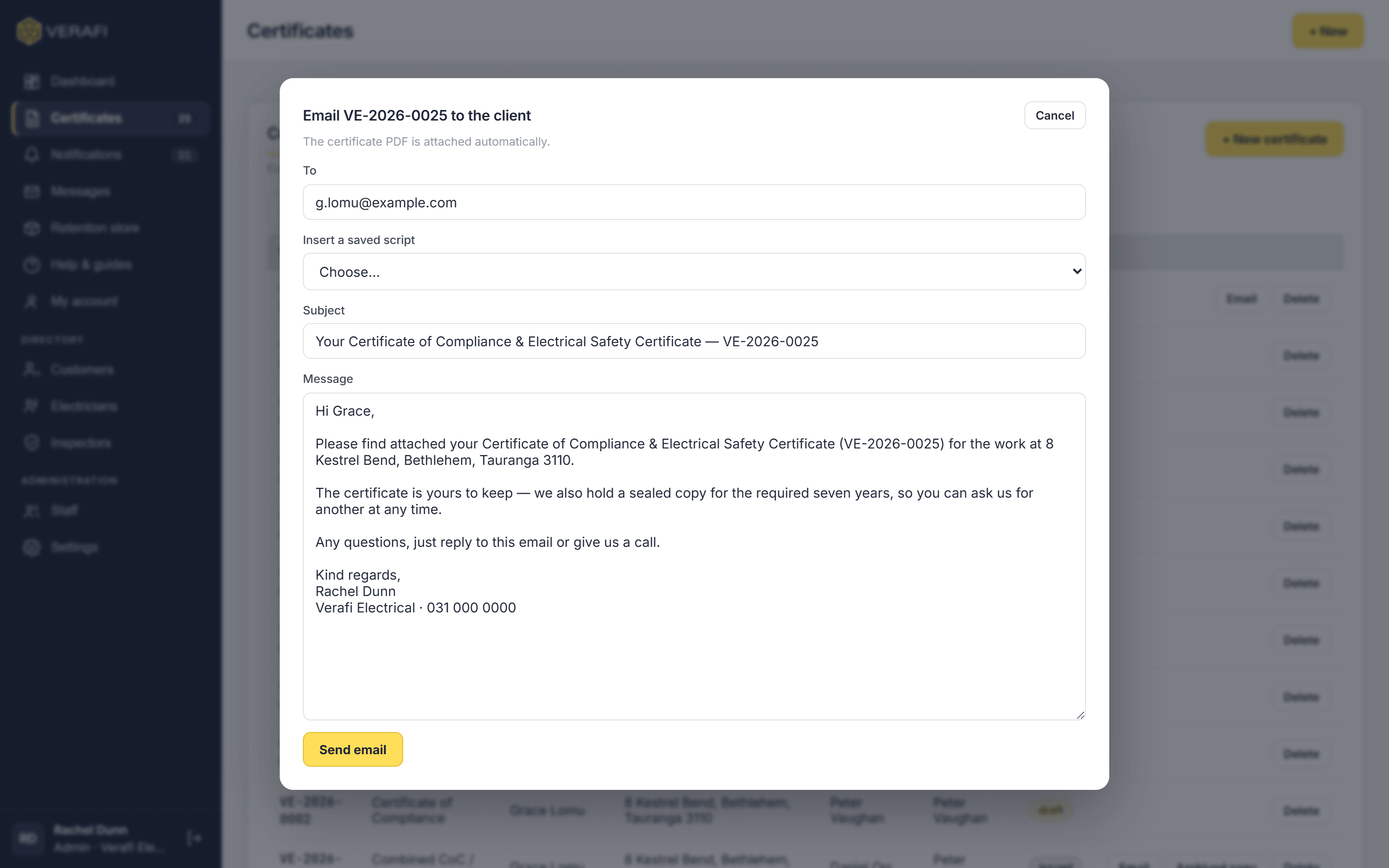 The email dialog on an issued certificate, with the recipient and covering note ready to send.