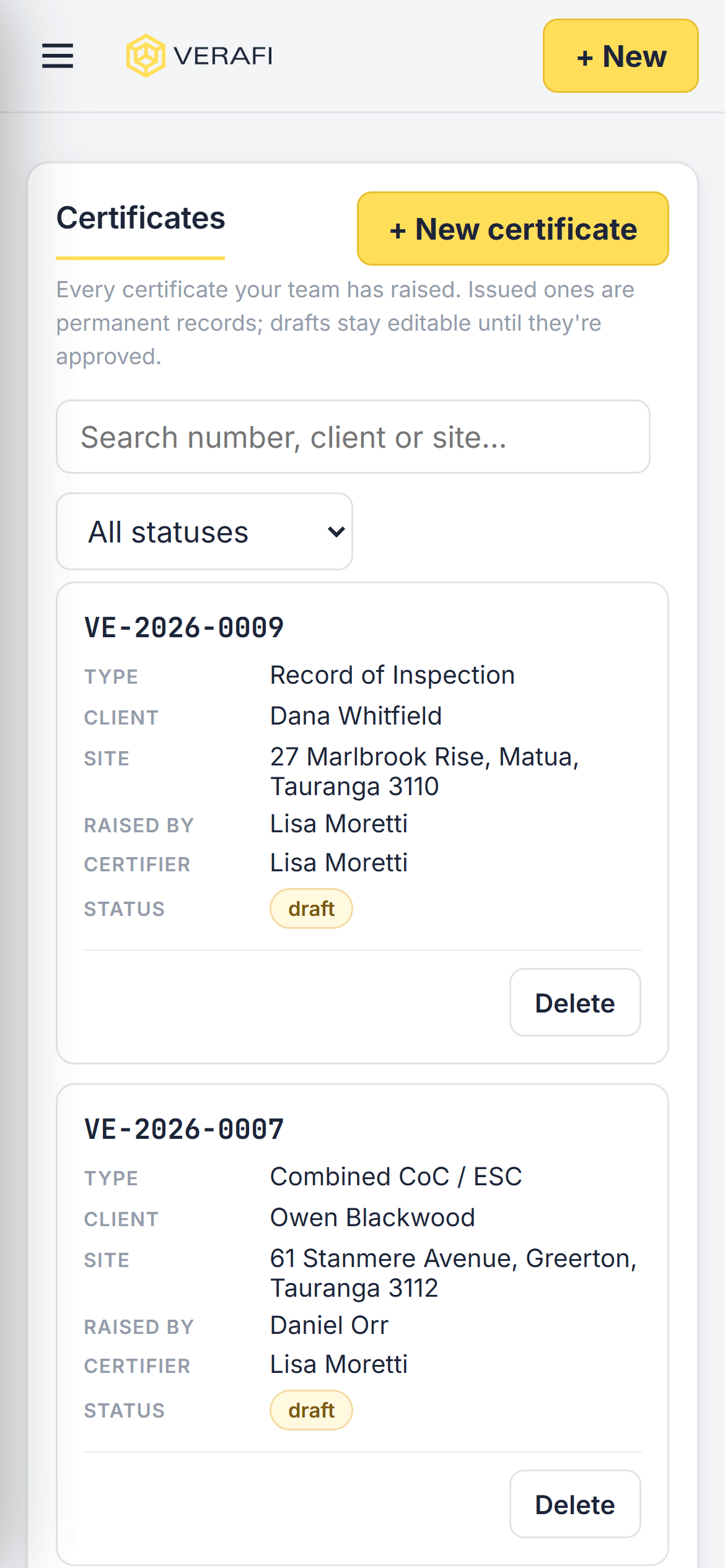 Verafi on a phone, showing certificates as cards rather than a table that scrolls sideways.