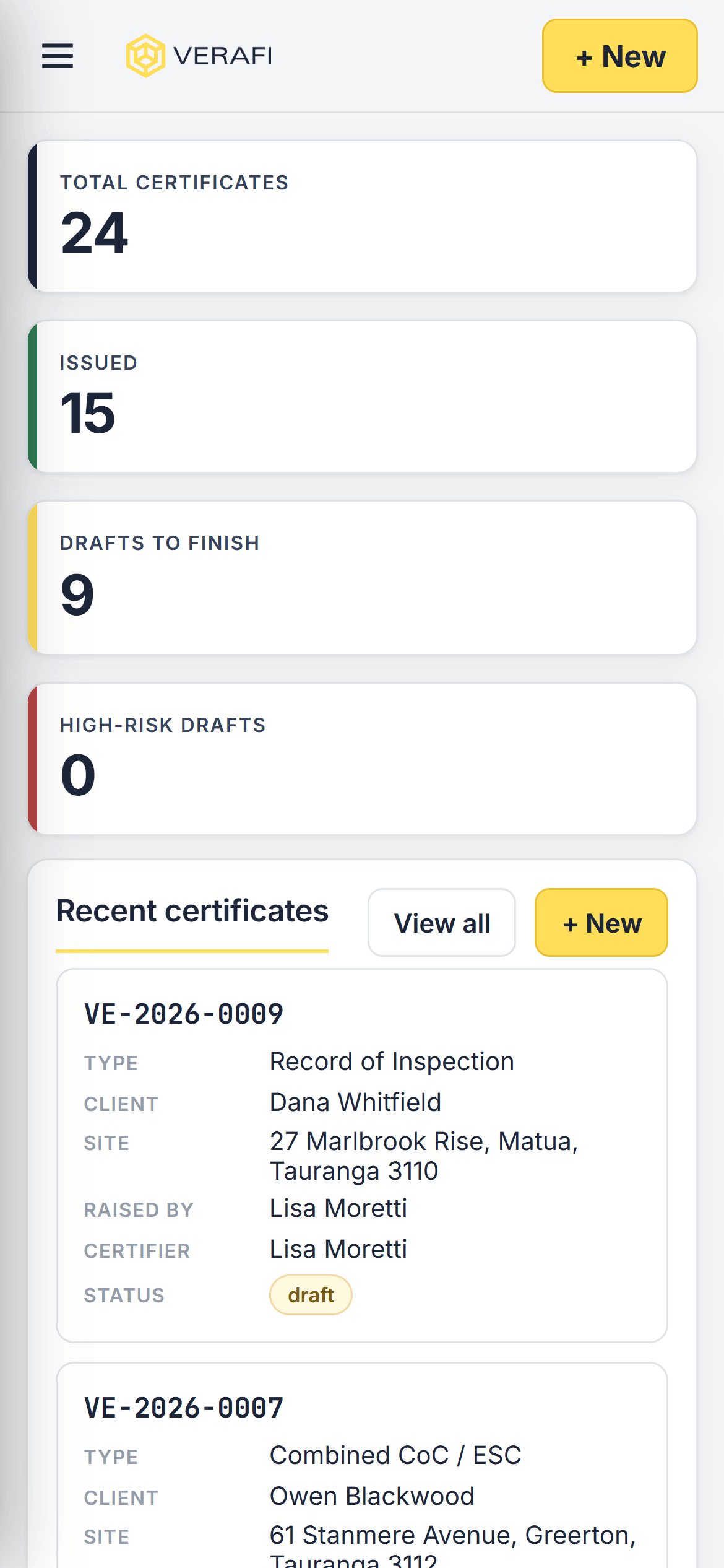 The Verafi dashboard on a phone, showing certificate counts and what is waiting.