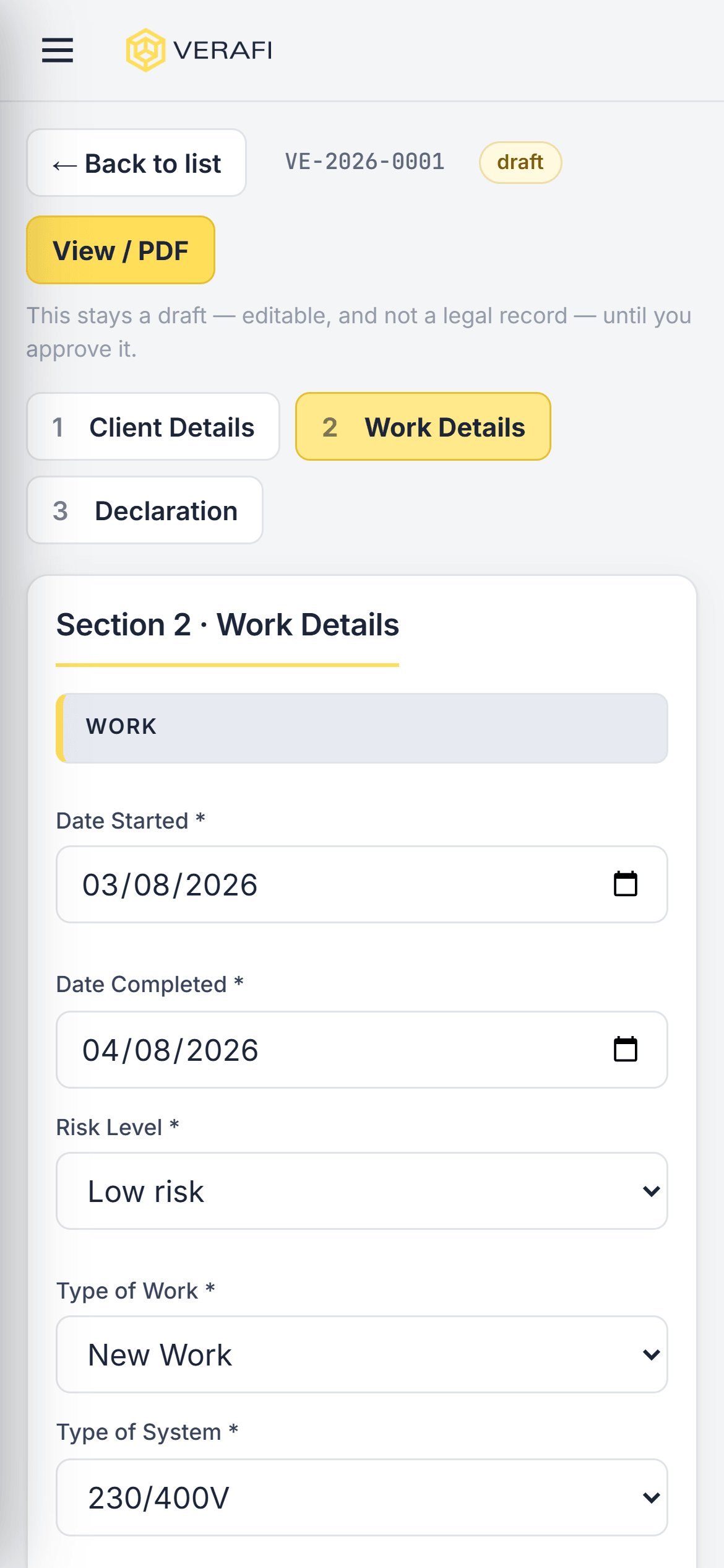 Verafi on a phone, filling in a certificate on site.