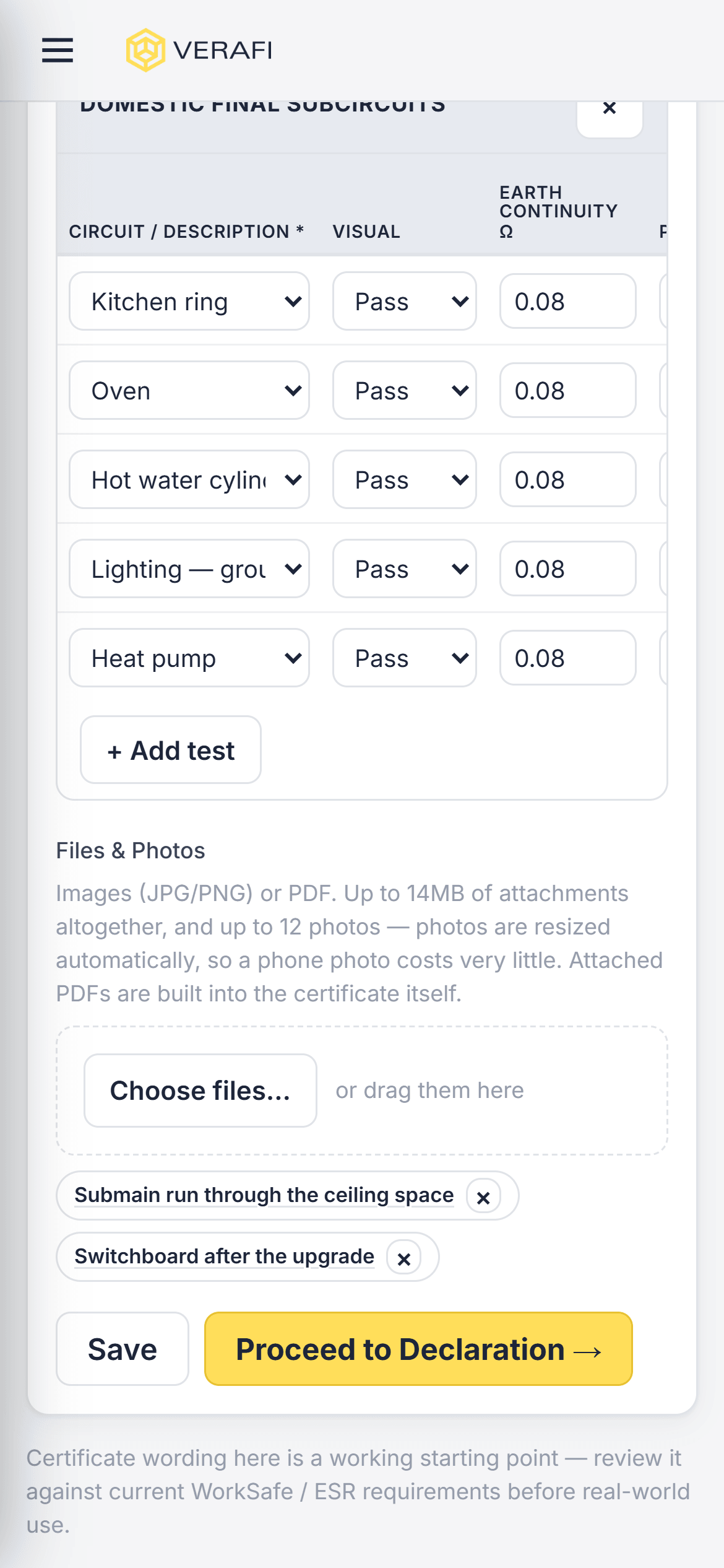 Verafi on a phone, showing test readings and photographs attached to a job.