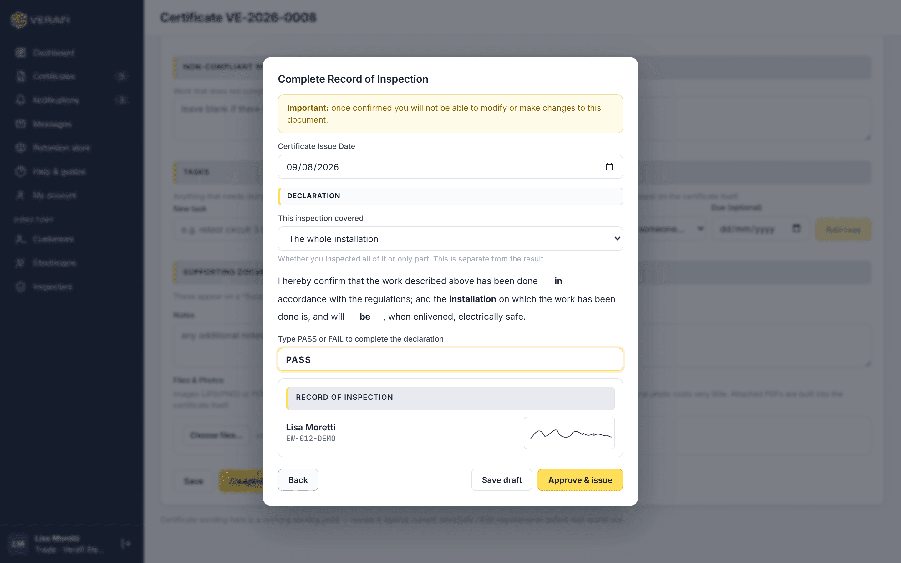 The declaration dialog with the statutory wording resolved and a signature applied.