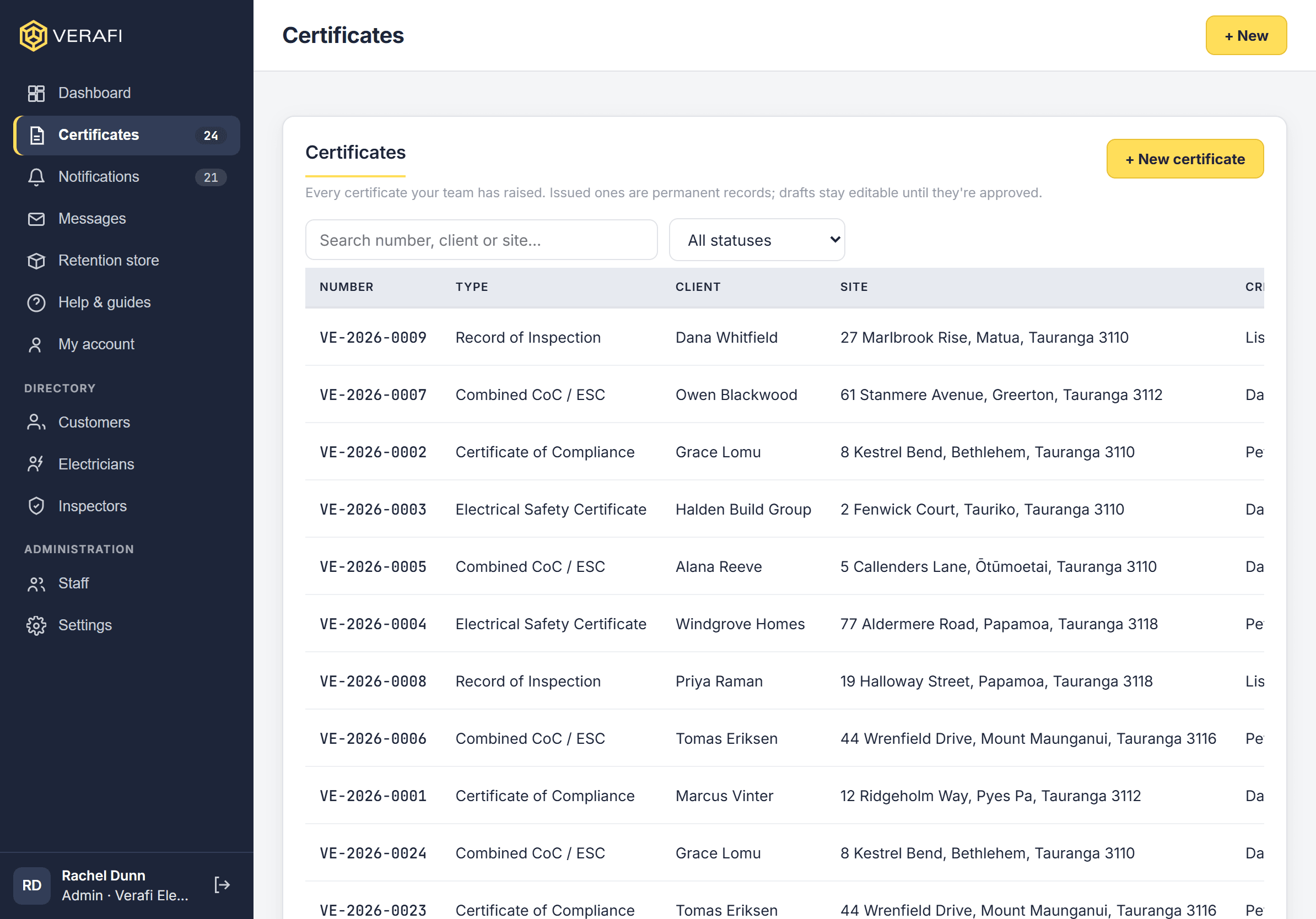 Verafi on a tablet, showing the certificate list at tablet width.